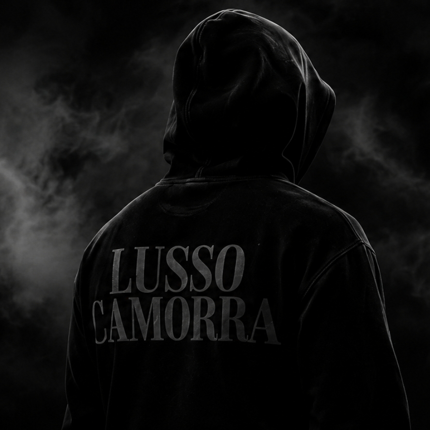 A person wearing a black hoodie with 'LUSSO CAMORRA' printed in white across the back, shown from behind against a dark smoky background.